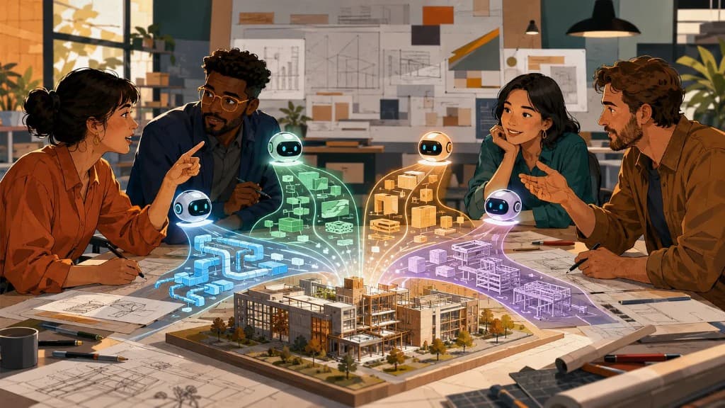 Professionals collaborating with AI agents around a building model