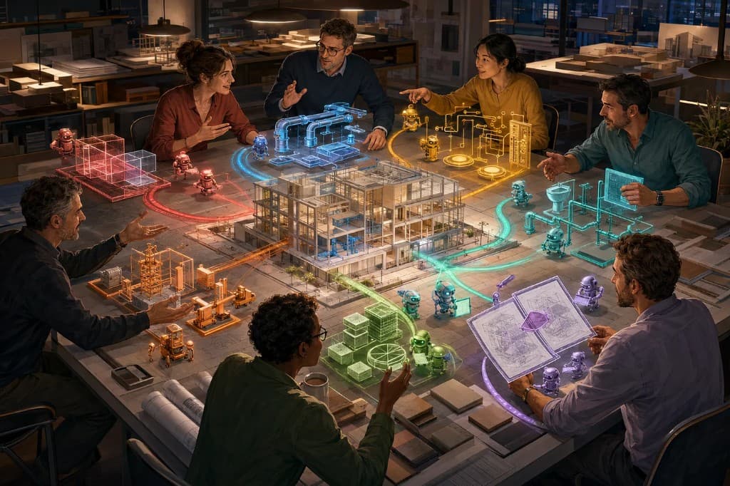 AEC design meeting with multiple agents studying building systems